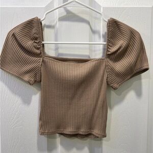 Ribbed Tan Puff Sleeve Top